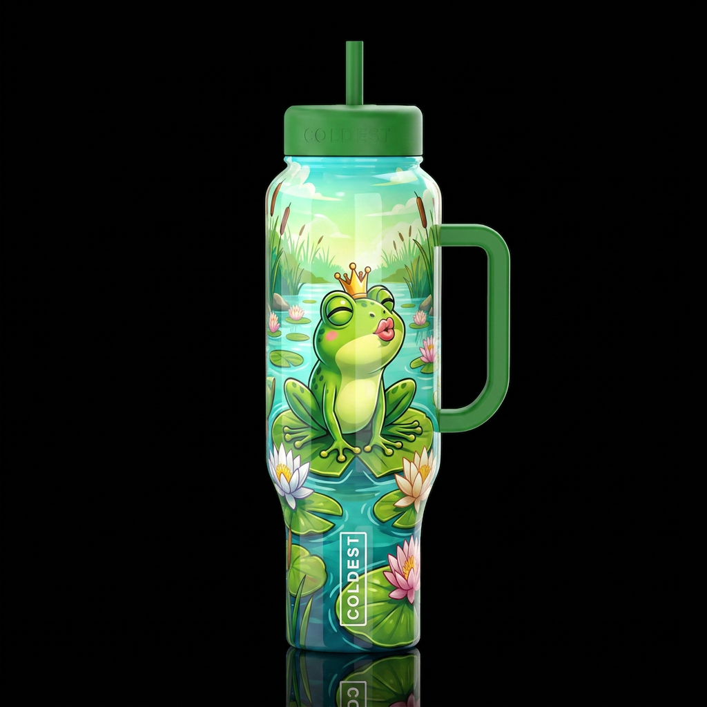 Cartoonish, frog with crown sitting on Lilly pad w... water bottle design