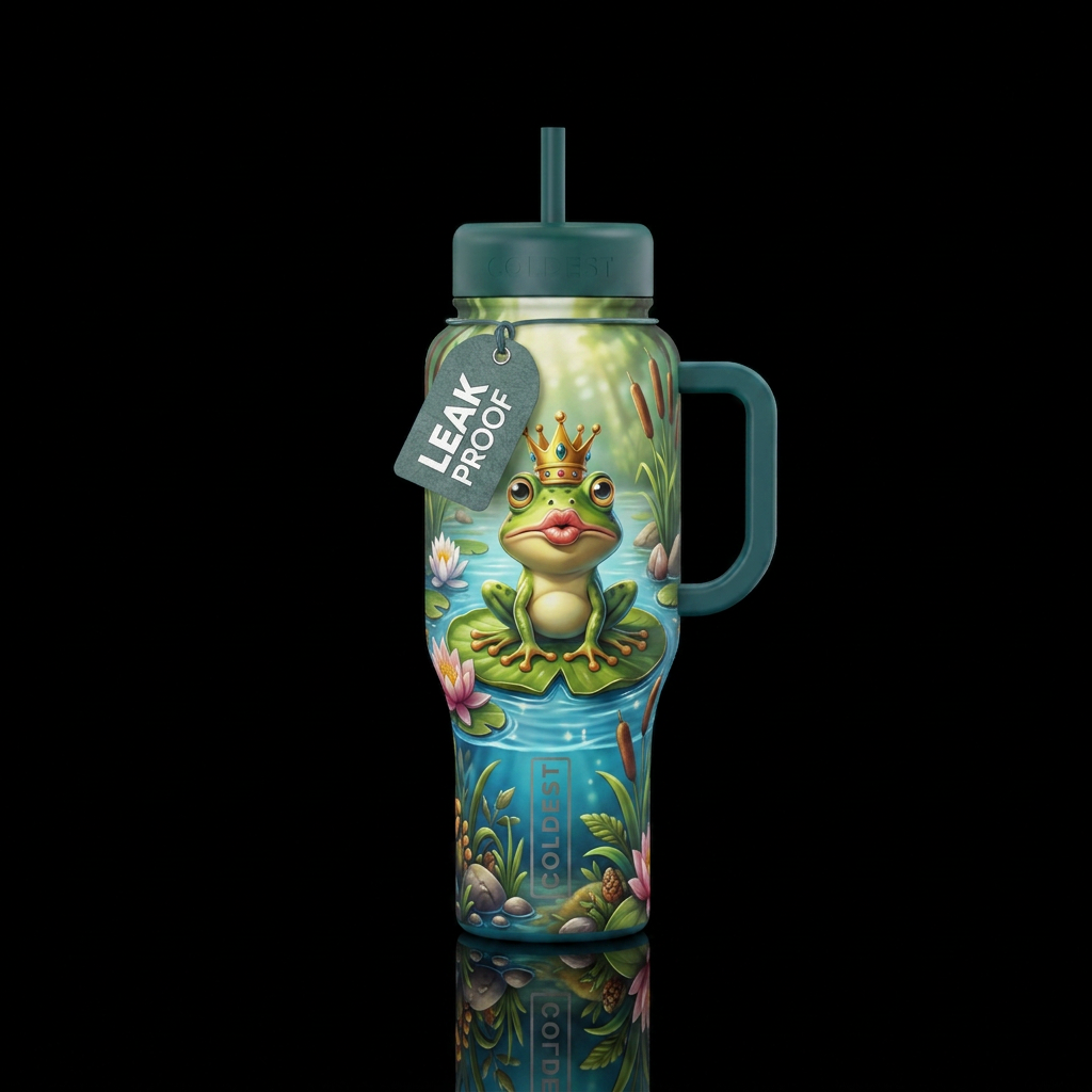 Cartoonish, frog with crown sitting on Lilly pad w... water bottle design