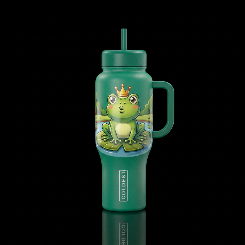 Cartoonish, frog with crown sitting on Lilly pad w... water bottle design