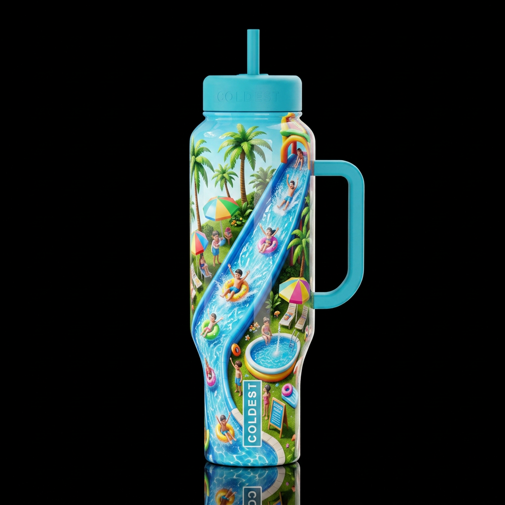 Slip and slide summer fun, glossy, trompe-l'œil, b... water bottle design