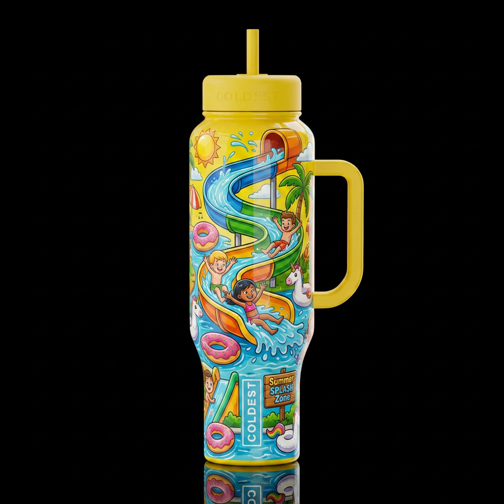 Slip and slide summer fun, glossy, trompe-l'œil, b... water bottle design