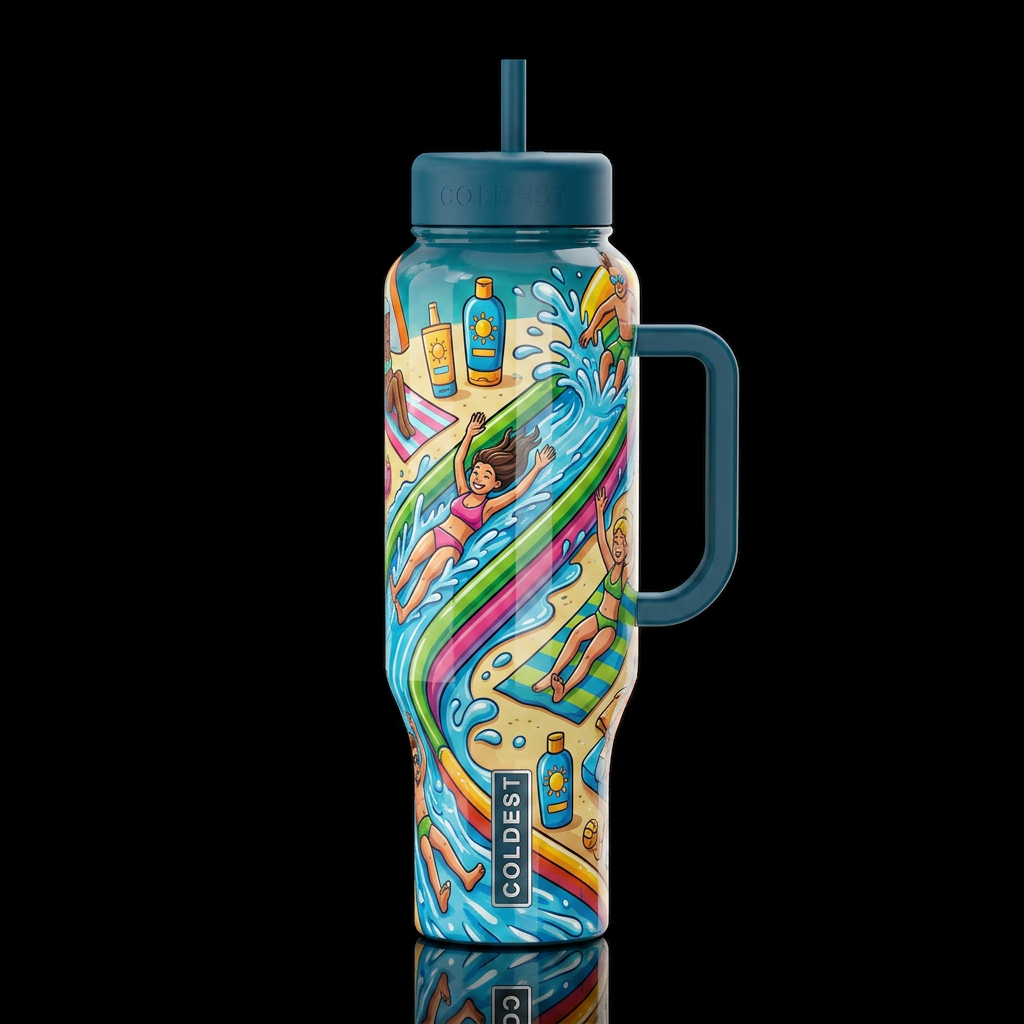 Slip and slide summer fun, glossy, trompe-l'œil, b... water bottle design