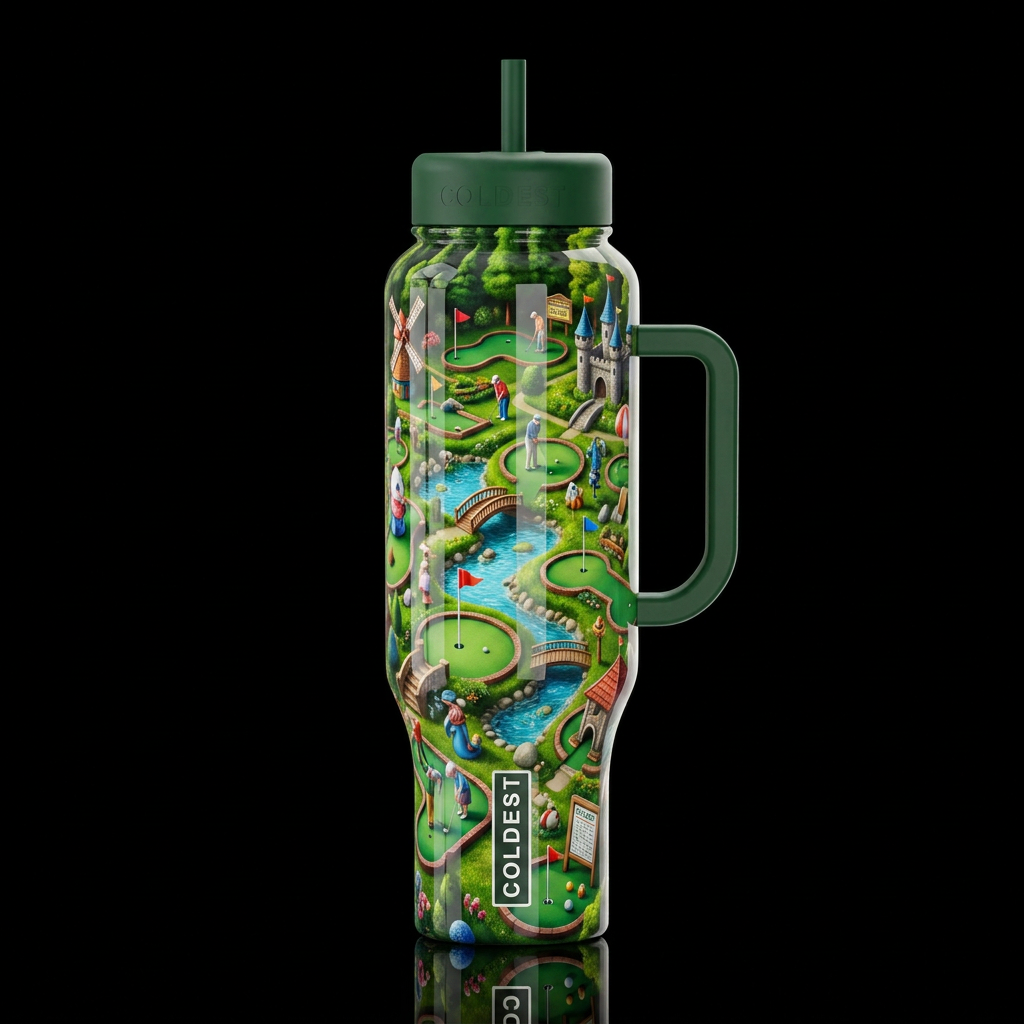 Miniature golf, glossy, trompe-l'œil, beautiferous... water bottle design