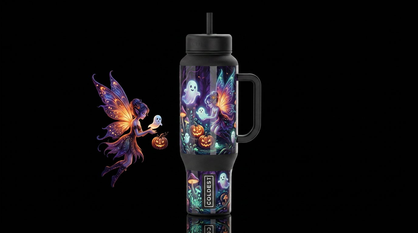Halloween faeries, glossy, trompe-l'œil, beautifer... water bottle design