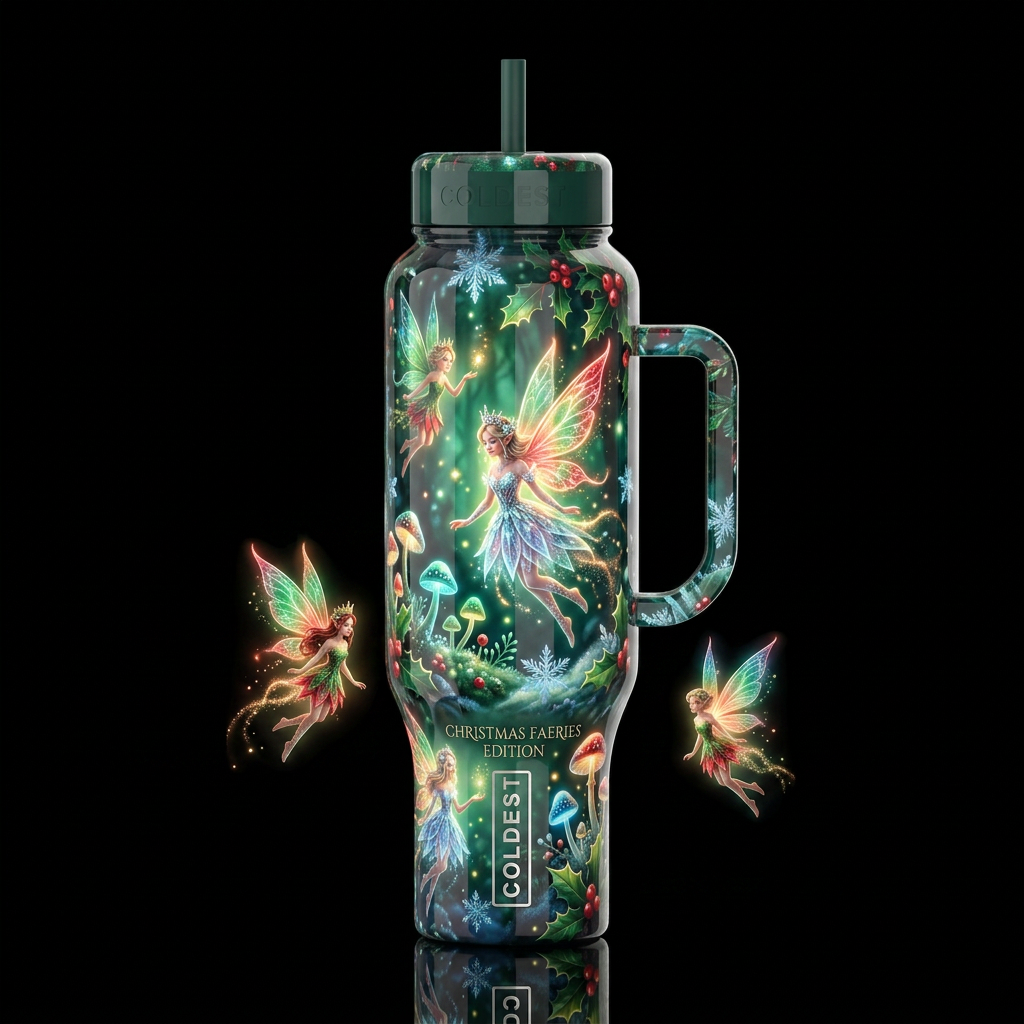 Christmas faeries, glossy, trompe-l'œil, beautifer... water bottle design