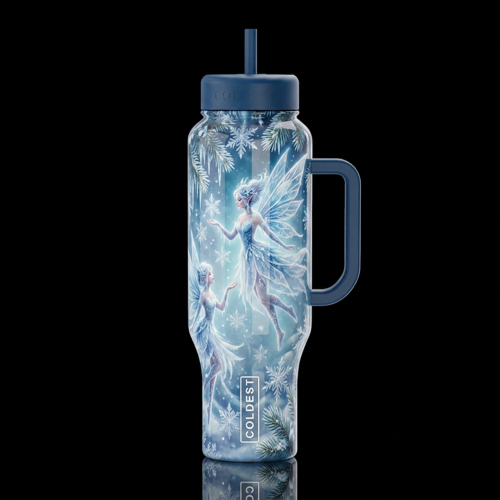 Christmas frosty faeries, glossy, trompe-l'œil, be... water bottle design