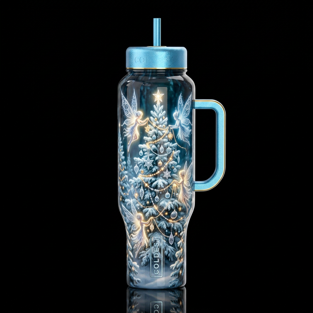 Christmas frosty faeries, glossy, trompe-l'œil, be... water bottle design