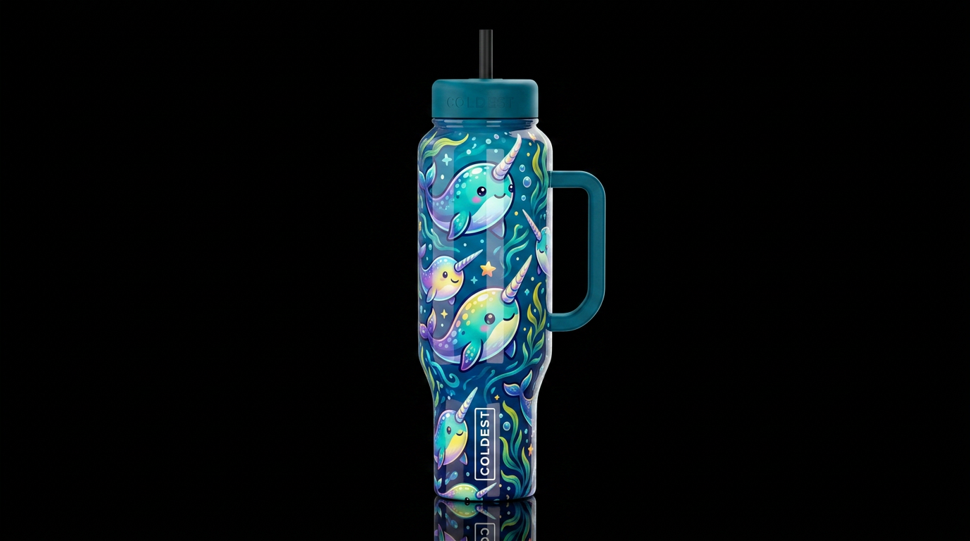 Cartoonish narwhals, glossy, trompe-l'œil, beautif... water bottle design