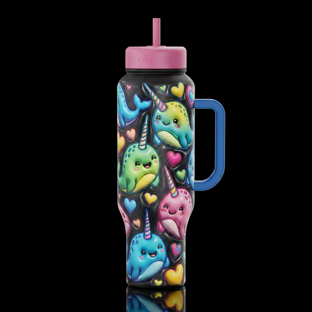 Cartoonish narwhals, glossy, trompe-l'œil, beautif... water bottle design
