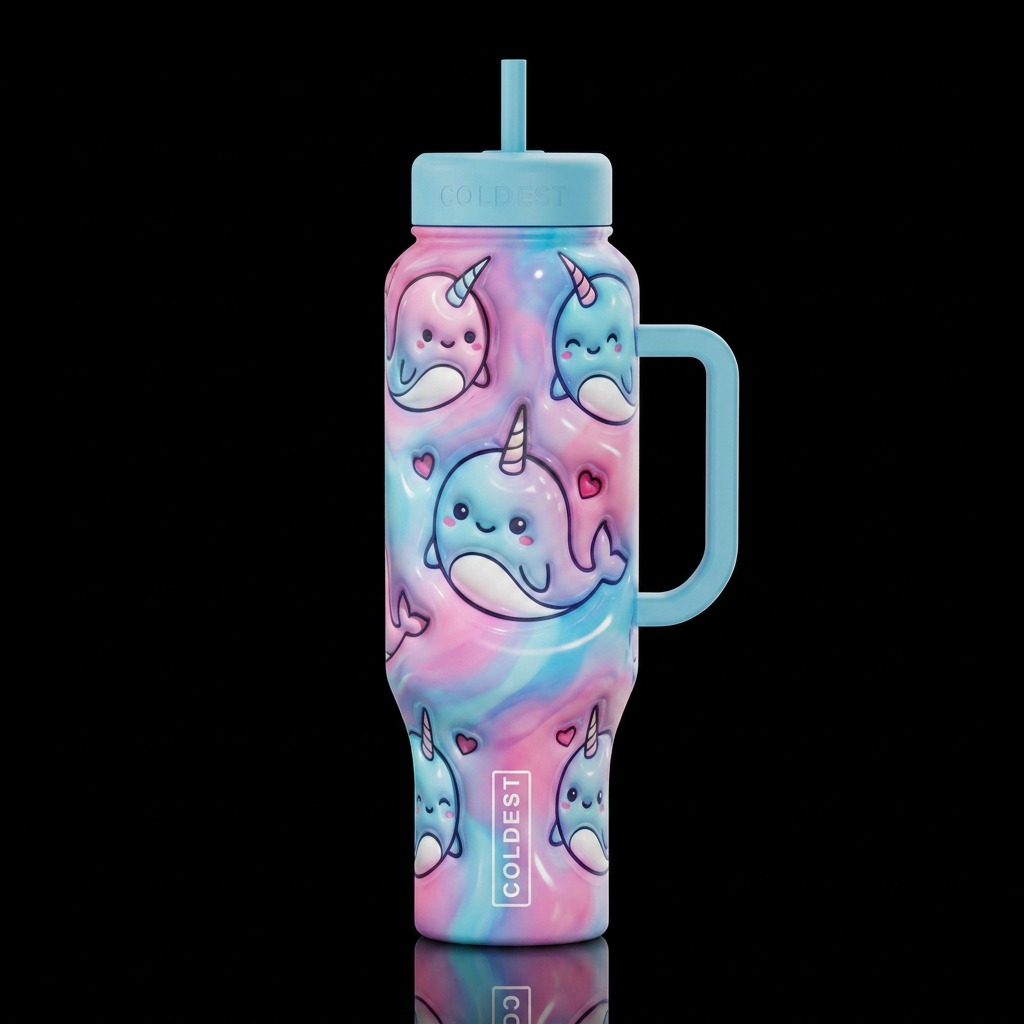 Cartoonish narwhals, glossy, trompe-l'œil, beautif... water bottle design