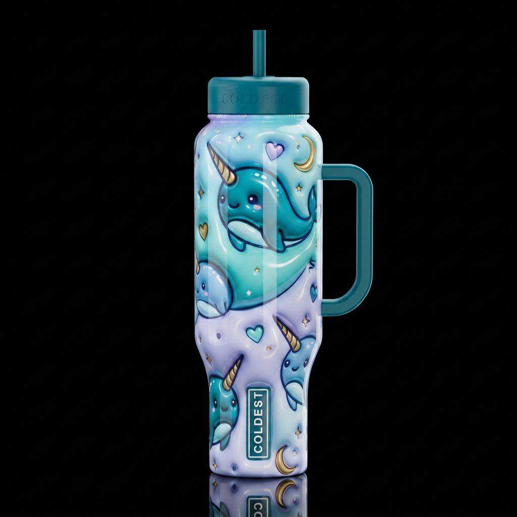 Cartoonish narwhals, glossy, trompe-l'œil, beautif... water bottle design