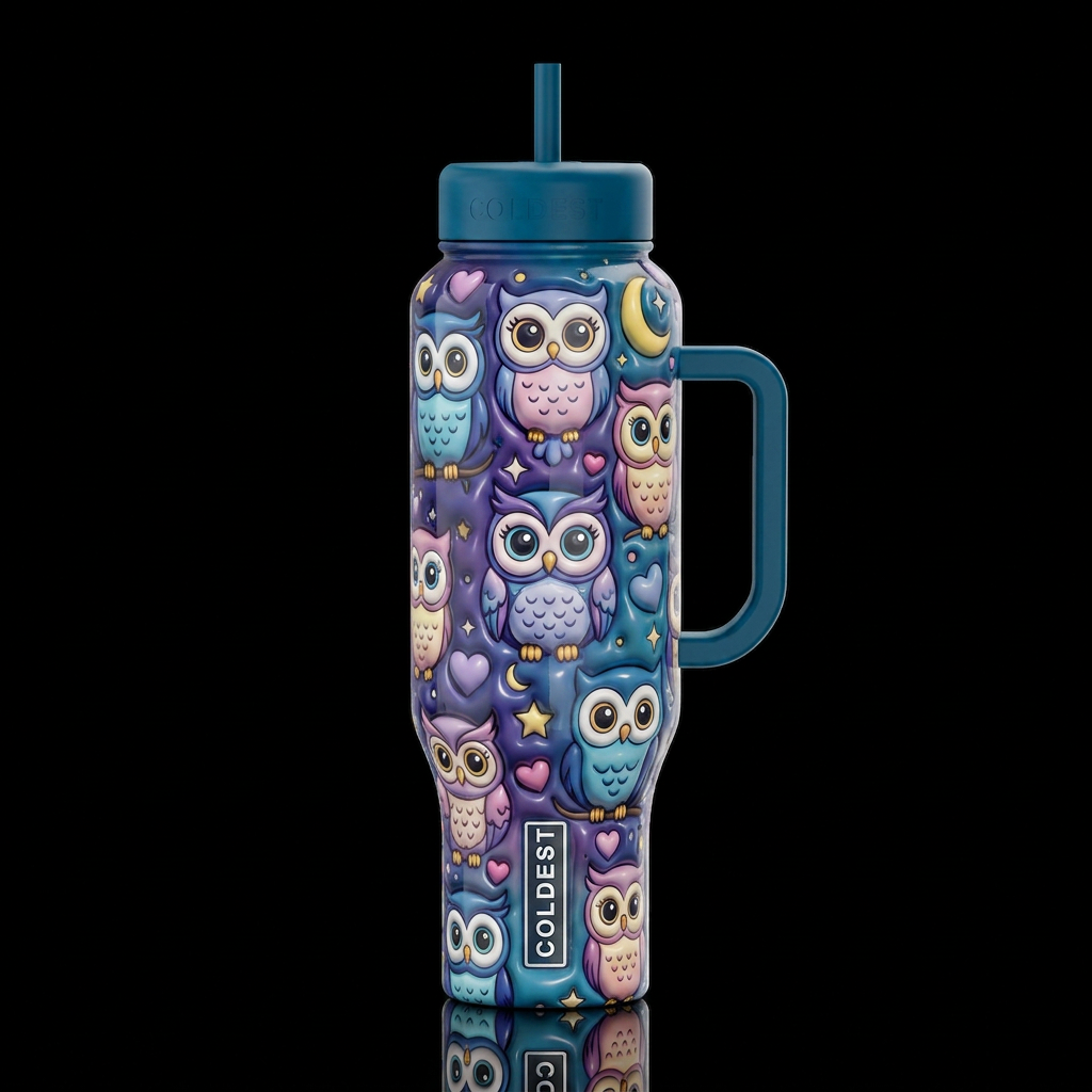 Cartoonish owls, glossy, trompe-l'œil, beautiferou... water bottle design