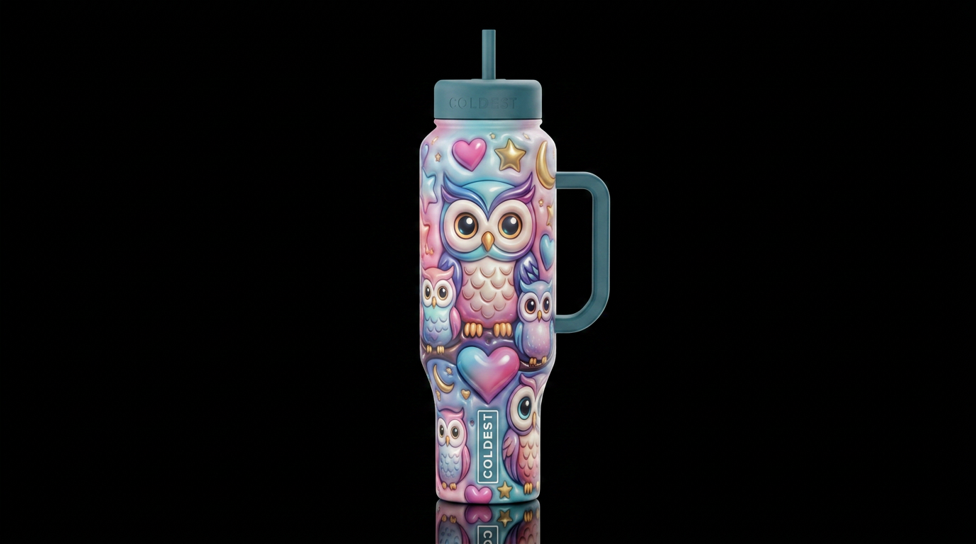 Cartoonish owls, glossy, trompe-l'œil, beautiferou... water bottle design