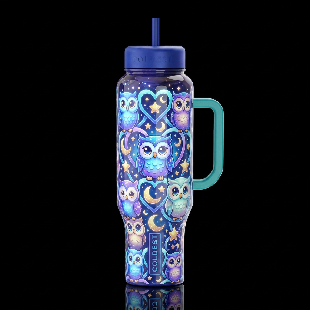 Cartoonish owls, glossy, trompe-l'œil, beautiferou... water bottle design