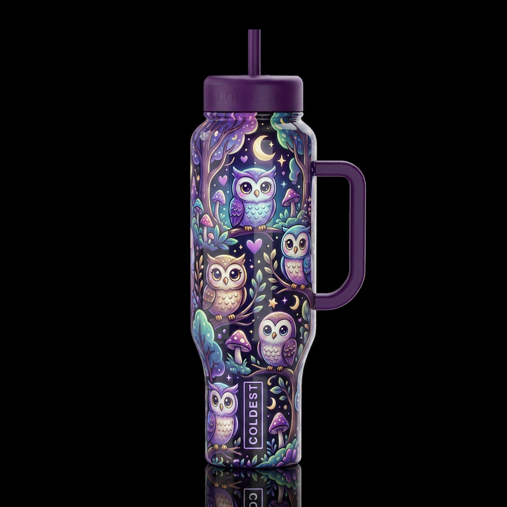 Cartoonish owls, glossy, trompe-l'œil, beautiferou... water bottle design