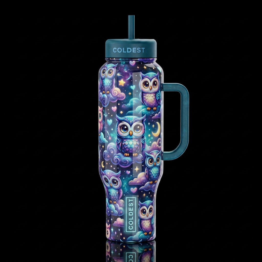 Cartoonish owls, glossy, trompe-l'œil, beautiferou... water bottle design