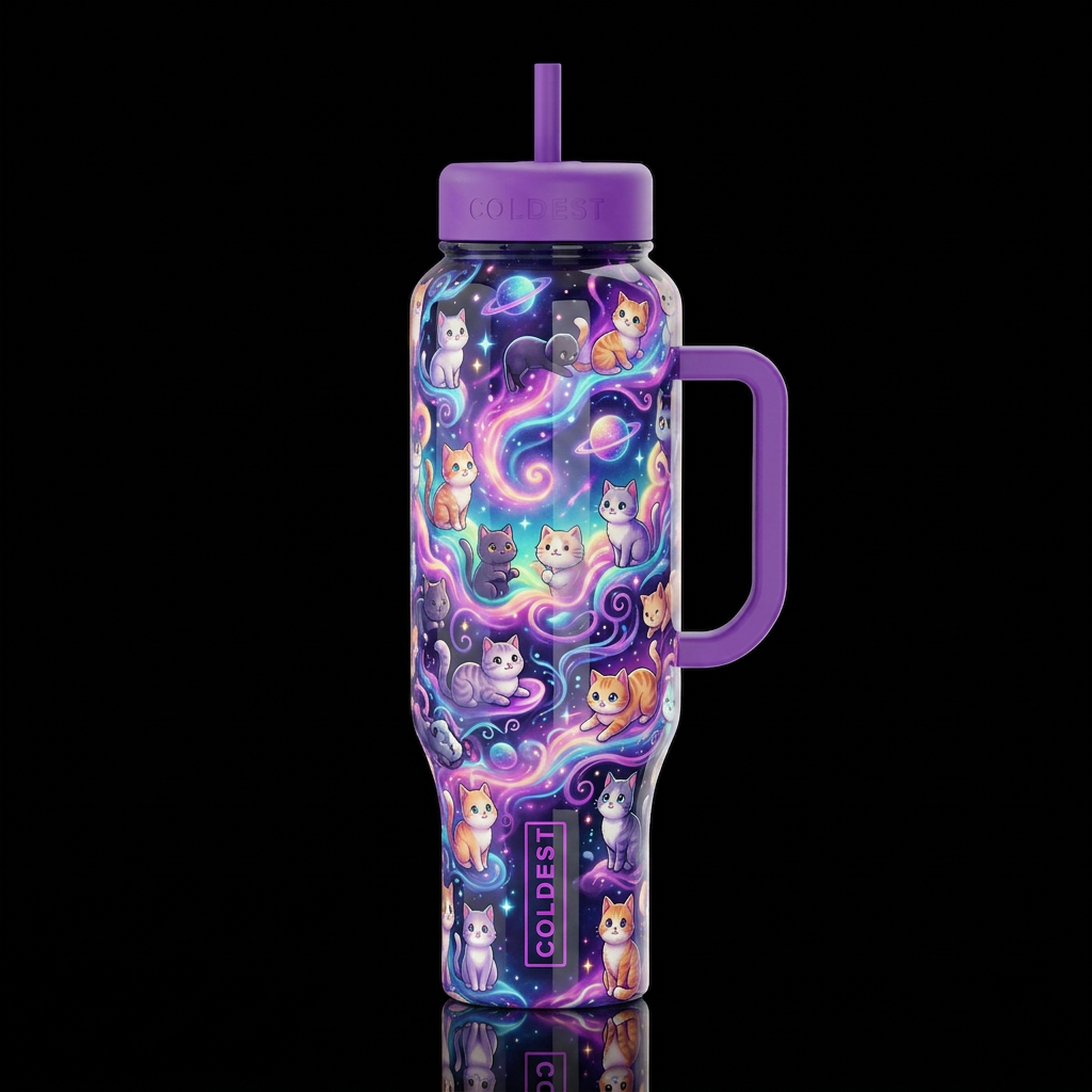 Cartoonish cats, glossy, trompe-l'œil, beautiferou... water bottle design