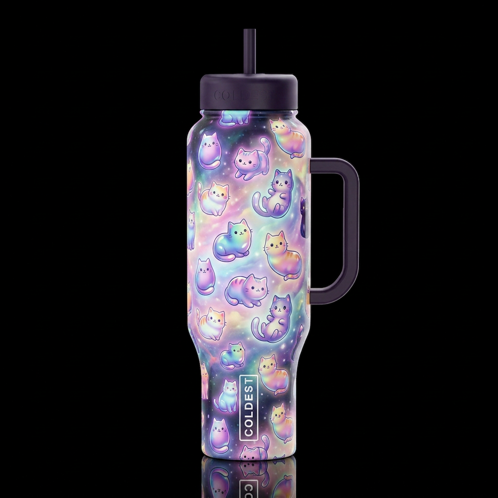 Cartoonish cats, glossy, trompe-l'œil, beautiferou... water bottle design