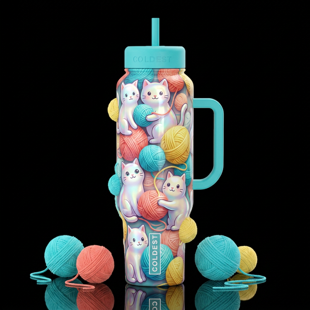 Cartoonish cats, glossy, trompe-l'œil, beautiferou... water bottle design