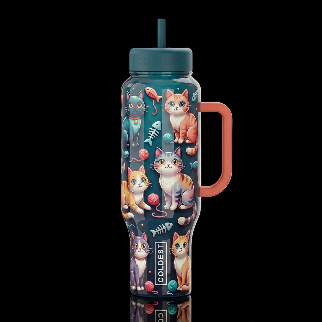 Cartoonish cats, glossy, trompe-l'œil, beautiferou... water bottle design