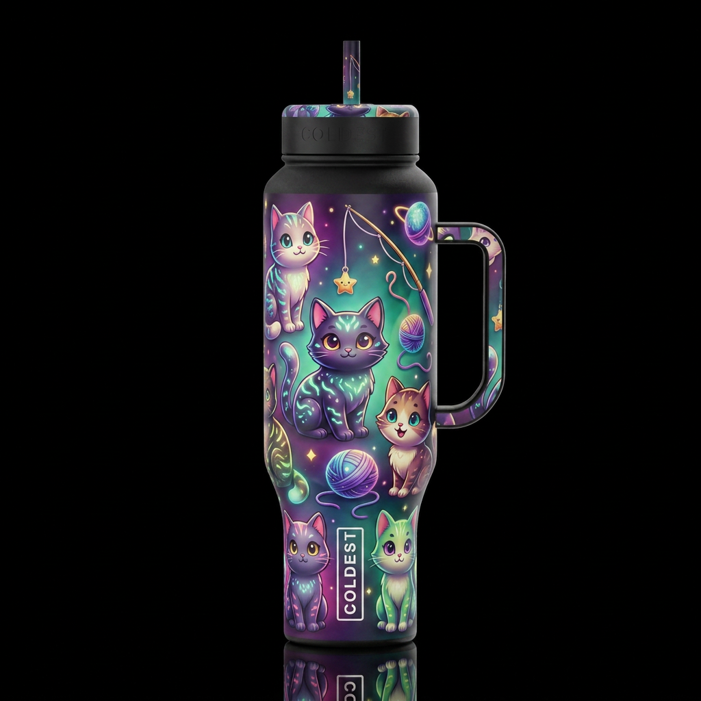 Cartoonish cats, glossy, trompe-l'œil, beautiferou... water bottle design