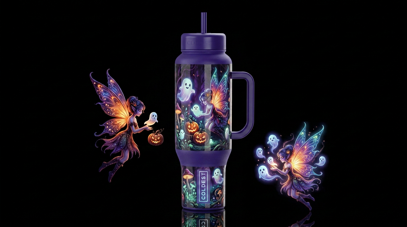 Halloween faeries, glossy, trompe-l'œil, beautifer... water bottle design