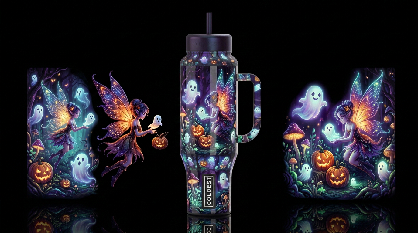 Halloween faeries, glossy, trompe-l'œil, beautifer... water bottle design