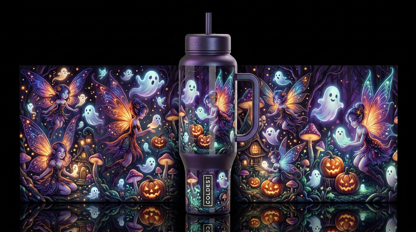 Halloween faeries, glossy, trompe-l'œil, beautifer... water bottle design