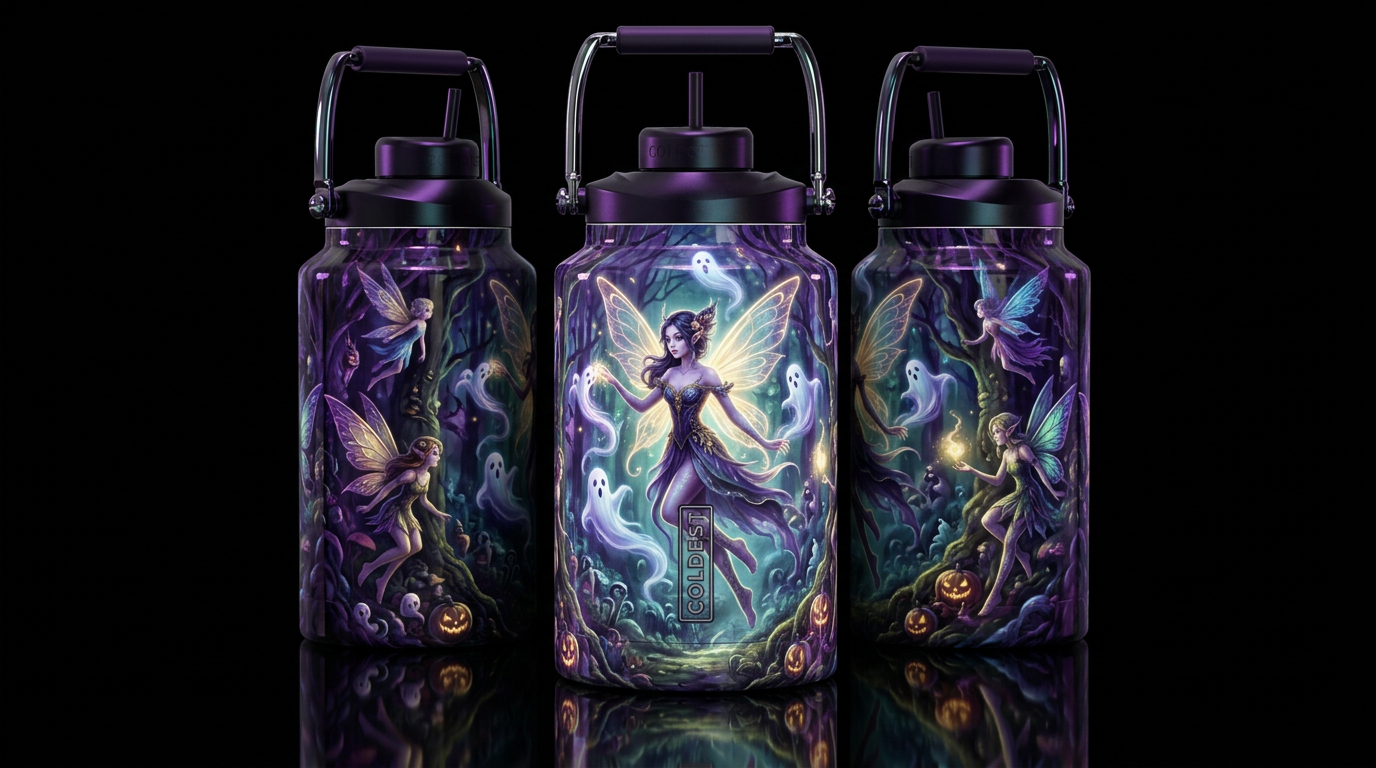 Halloween faeries, glossy, trompe-l'œil, beautifer... water bottle design