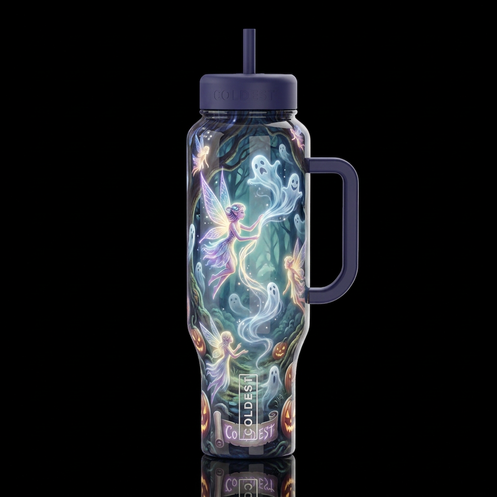 Halloween faeries, glossy, trompe-l'œil, beautifer... water bottle design
