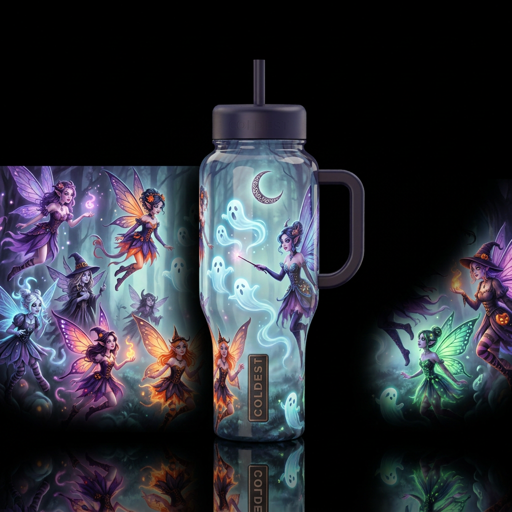 Halloween faeries, glossy, trompe-l'œil, beautifer... water bottle design