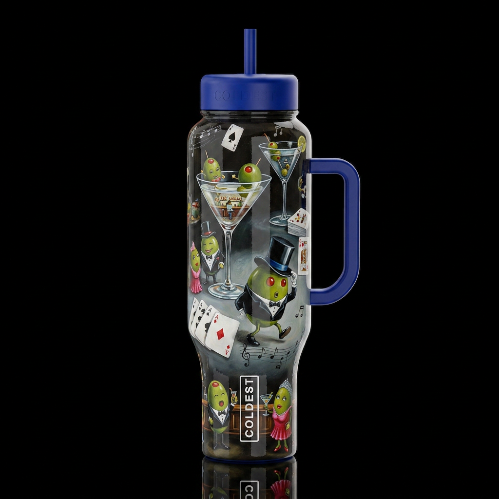 Michael Goddard whimsical oil painting, glossy, tr... water bottle design