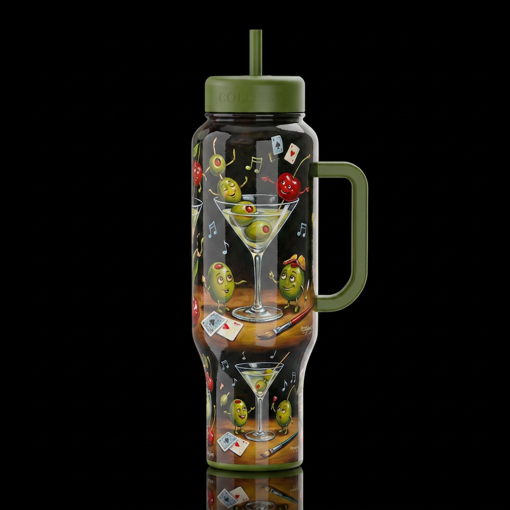 Michael Goddard whimsical oil painting, glossy, tr... water bottle design