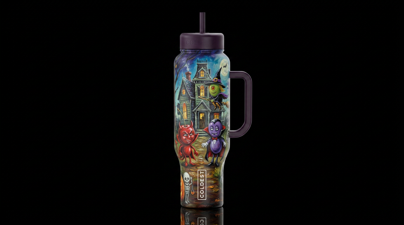 Michael Goddard whimsical oil painting Halloween,g... water bottle design