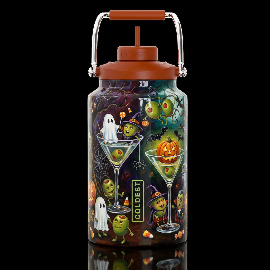 Michael Goddard whimsical oil painting Halloween,g... water bottle design