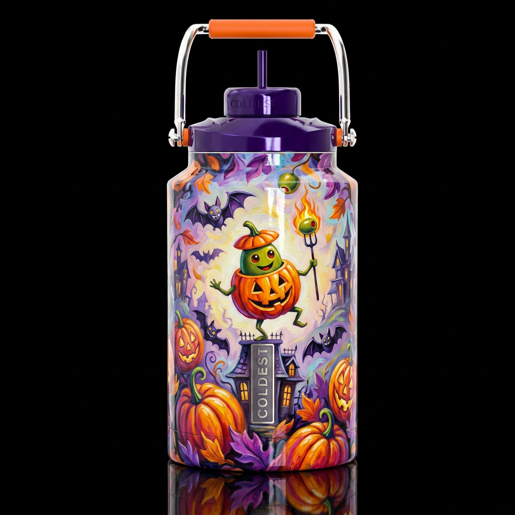 Michael Goddard whimsical oil painting Halloween,g... water bottle design