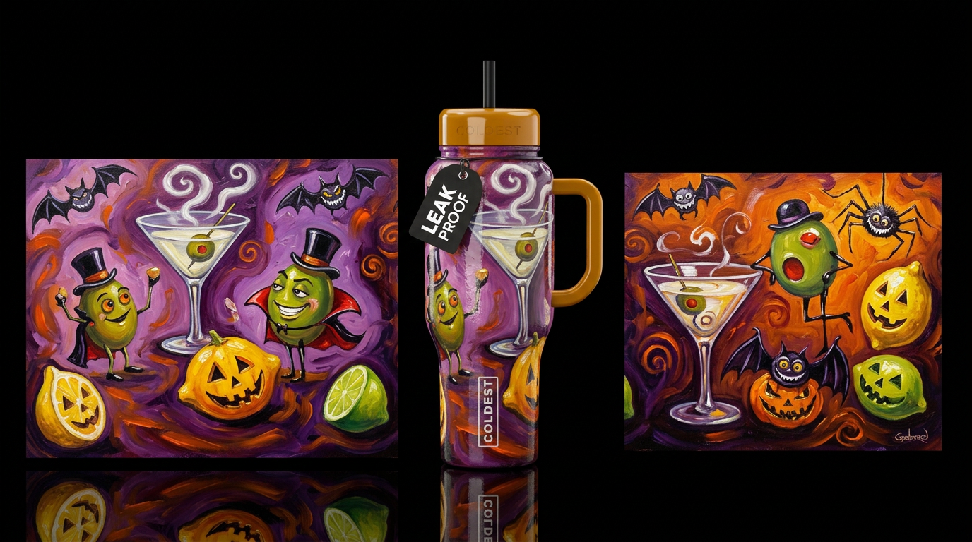 Michael Goddard whimsical oil painting Halloween,g... water bottle design