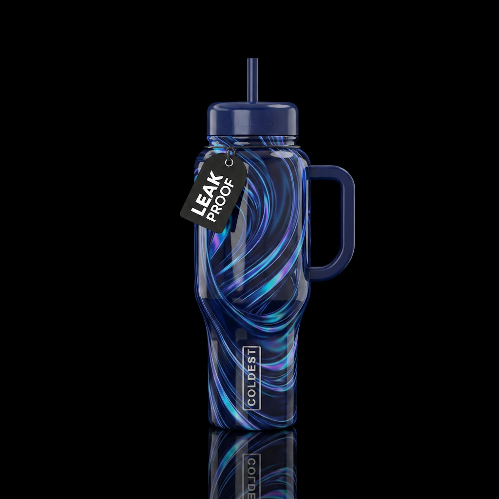 Dark blue, holographic swirls and twists,glossy,tr... water bottle design