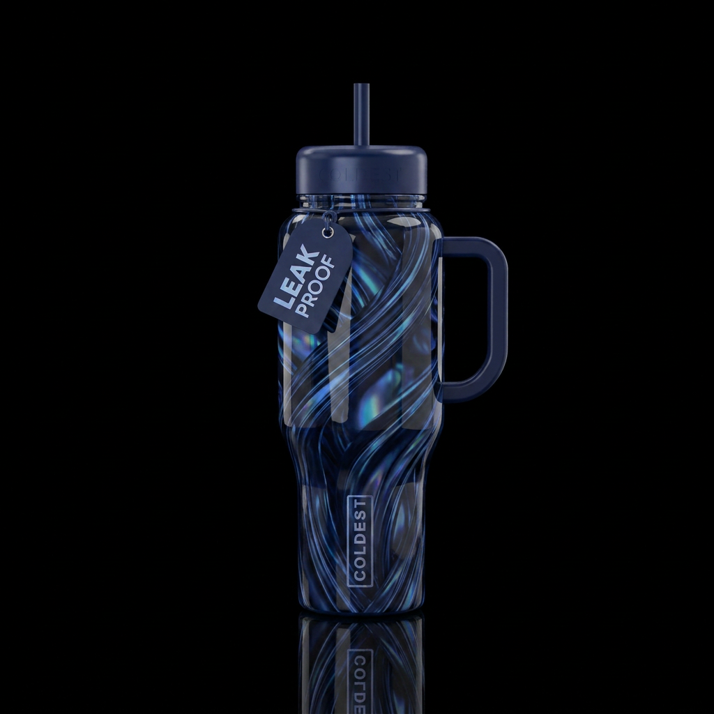 Dark blue, holographic swirls and twists,glossy,tr... water bottle design