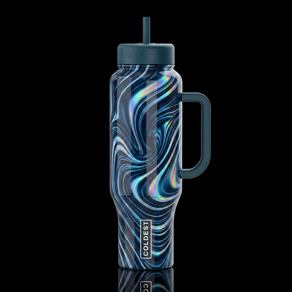 Dark blue, holographic swirls and twists,glossy,tr... water bottle design