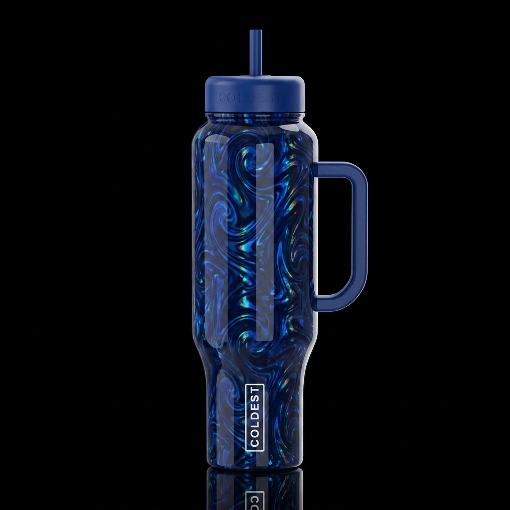 Dark blue, holographic swirls and twists,glossy,tr... water bottle design