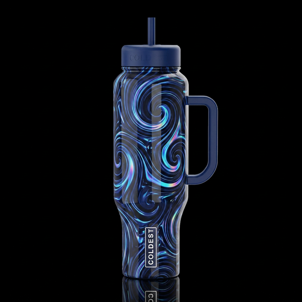 Dark blue, holographic swirls and twists,glossy,tr... water bottle design