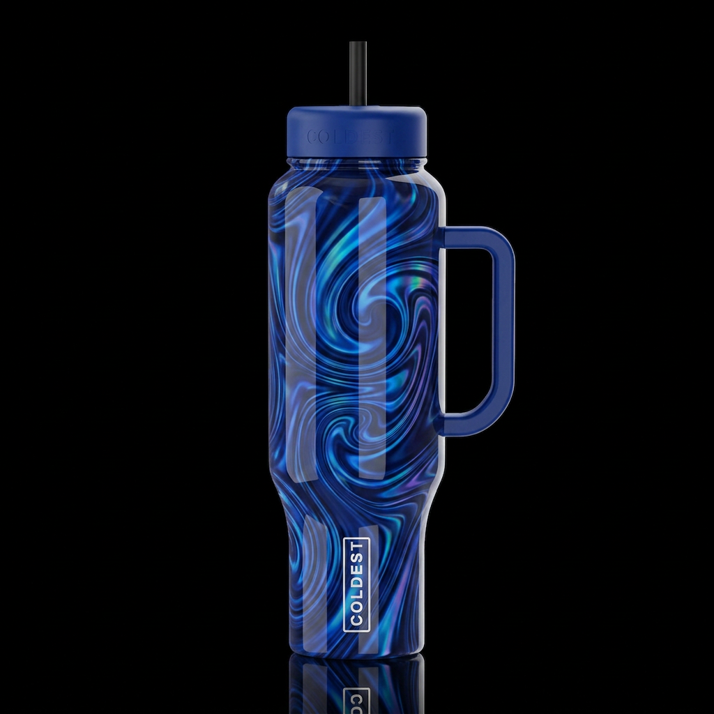 Dark blue, holographic swirls and twisty,glossy,tr... water bottle design