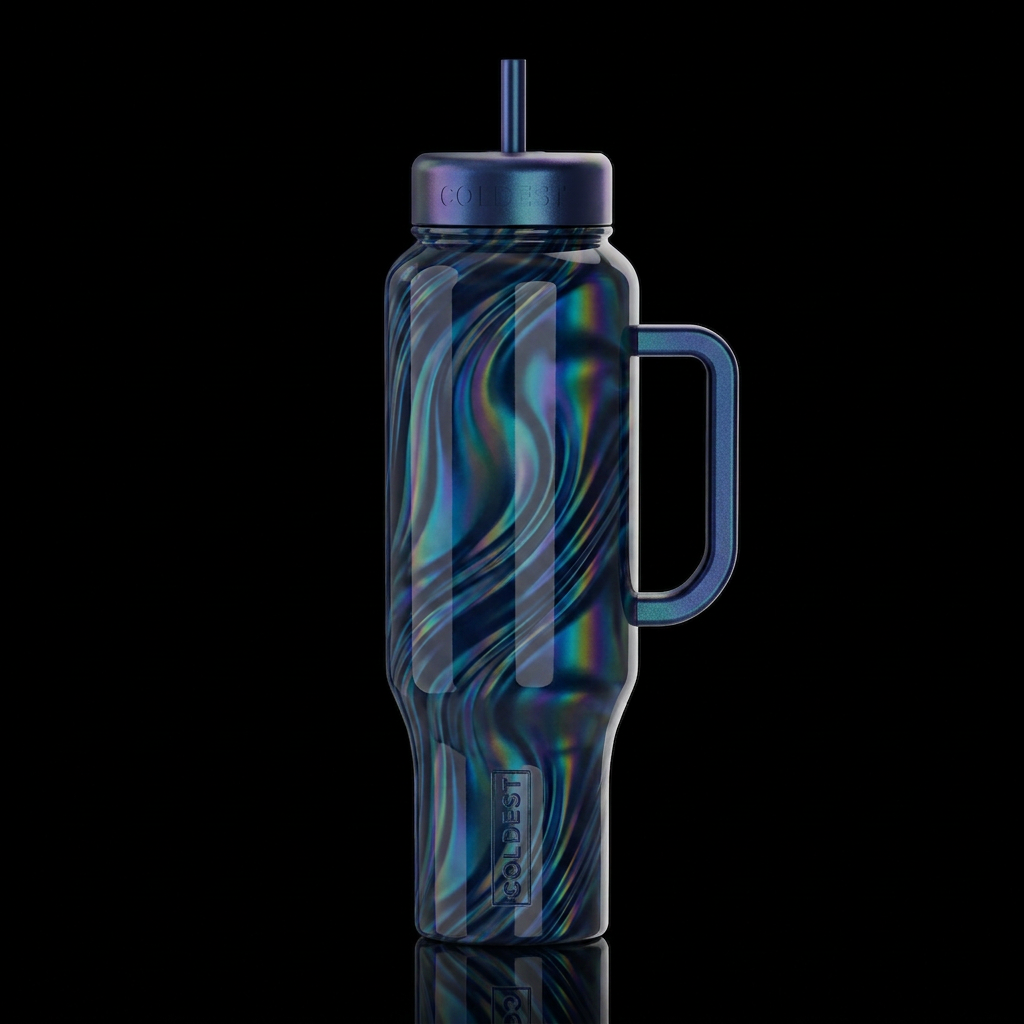 Dark blue, holographic  twisty,glossy,trompe-l'œil... water bottle design