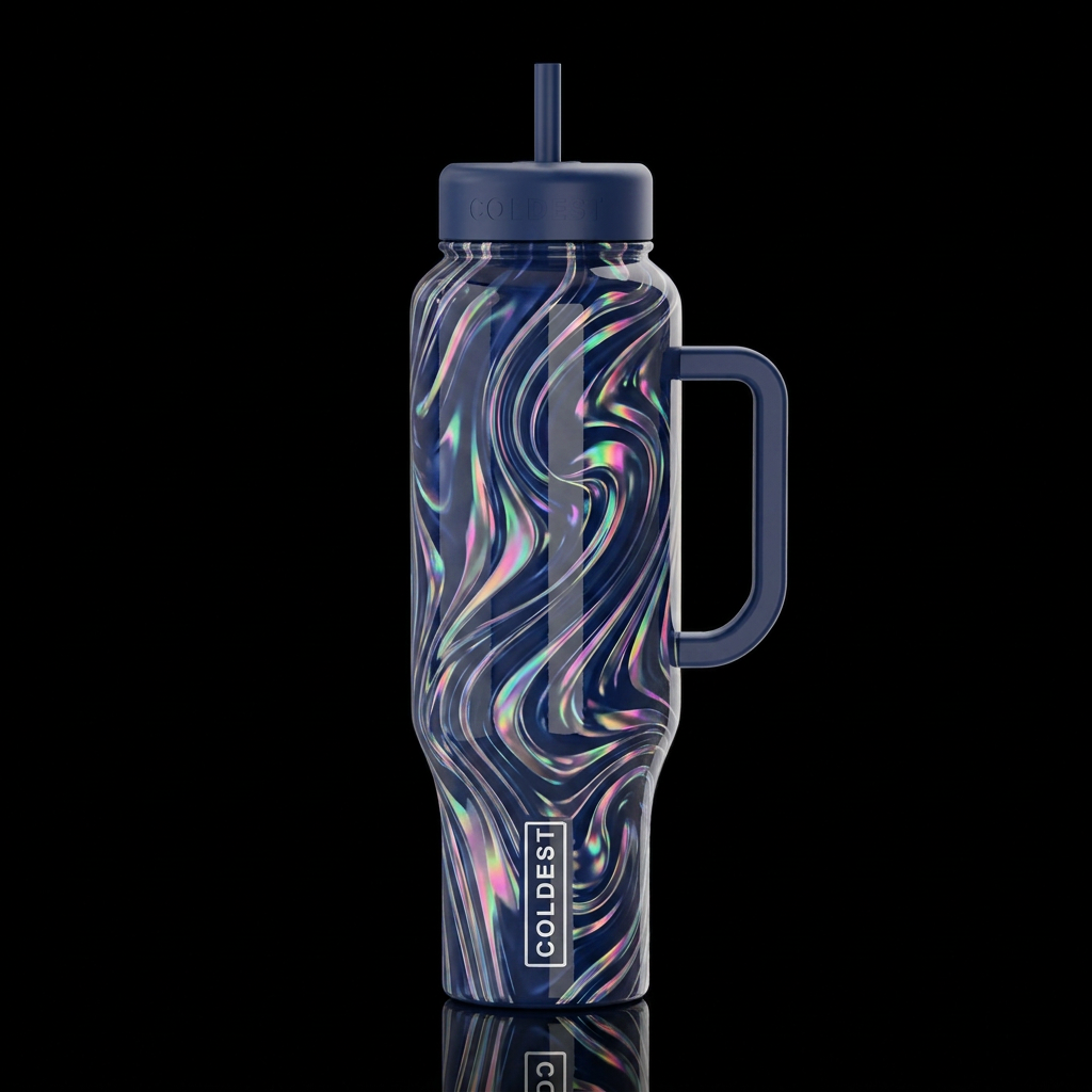 Dark blue, holographic  twisty,glossy,trompe-l'œil... water bottle design