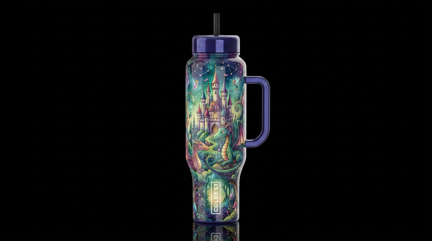 Mystic, glossy, trompe-l'œil, beautiferous, dreamy... water bottle design