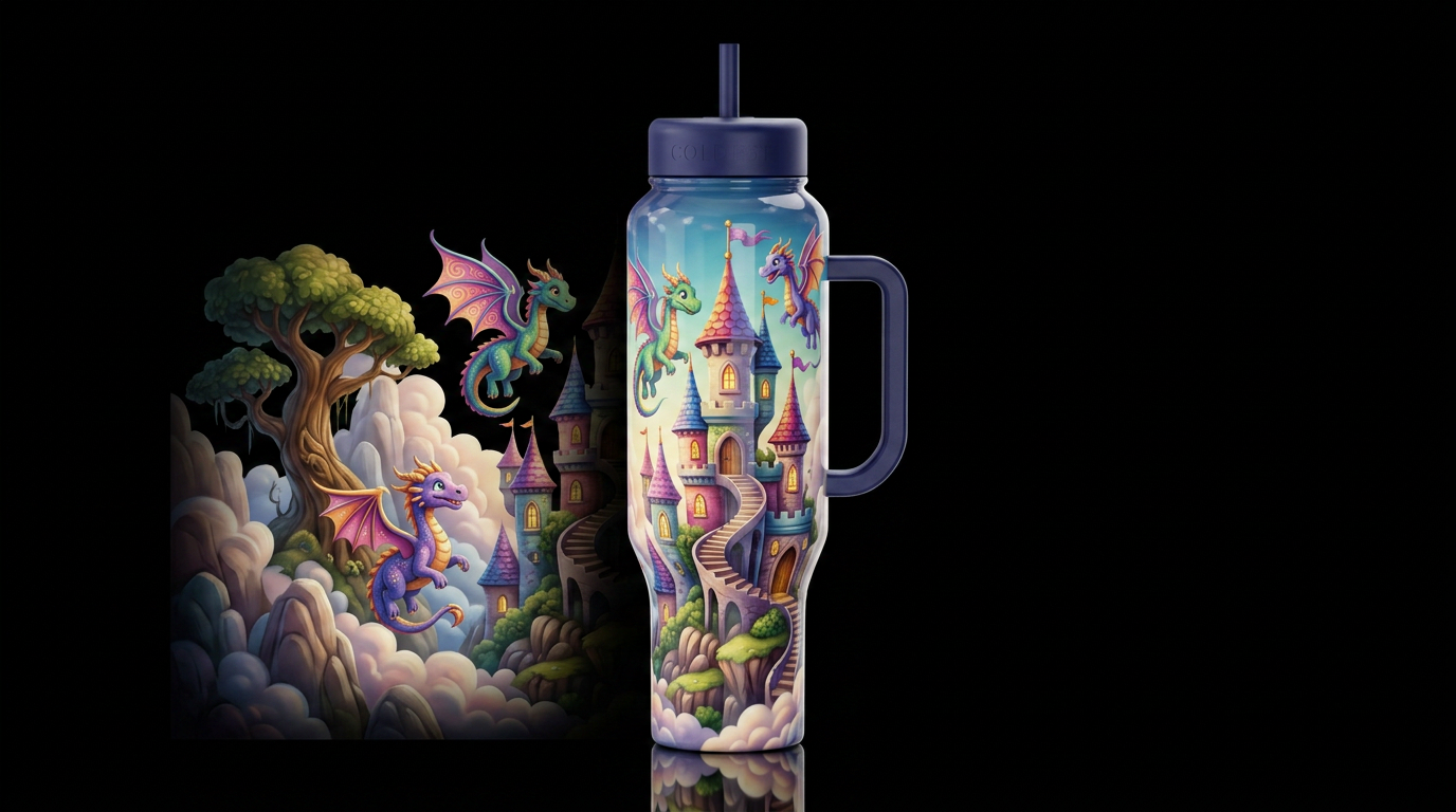 Mystic, glossy, trompe-l'œil, beautiferous, dreamy... water bottle design
