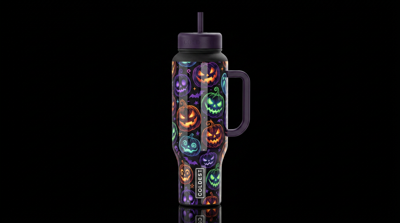 Sketched like scary pumpkins, glossy, trompe-l'œil... water bottle design