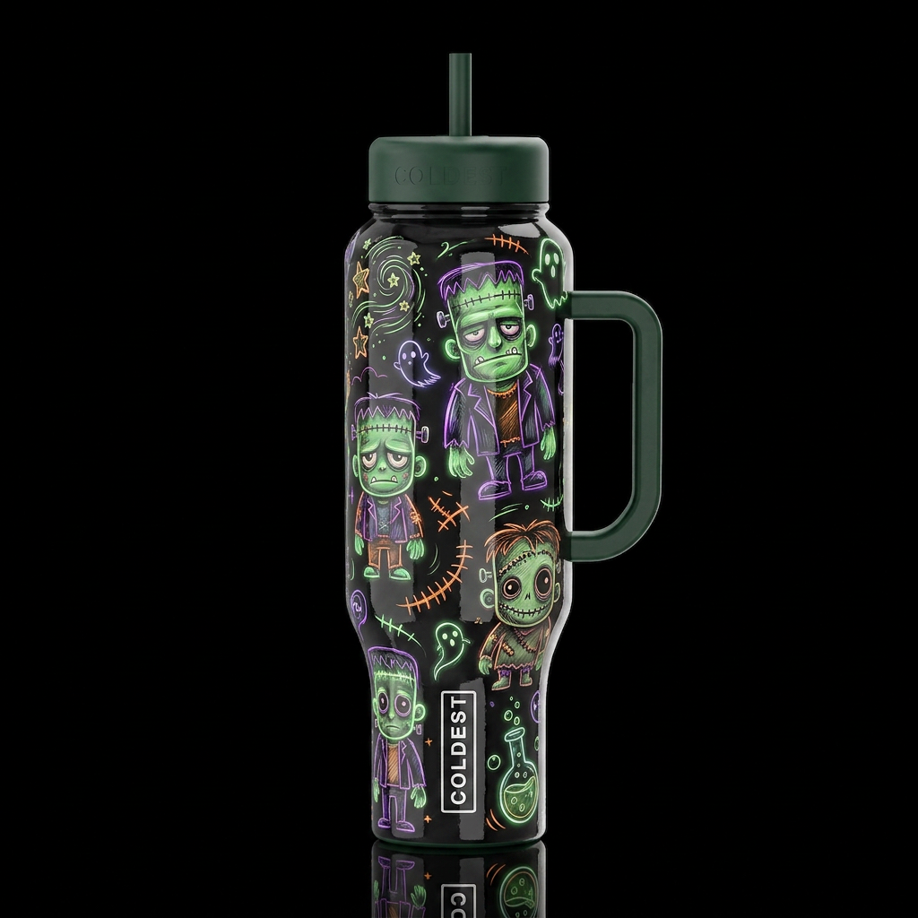 Sketched like scary Frankensteins, glossy, trompe-... water bottle design