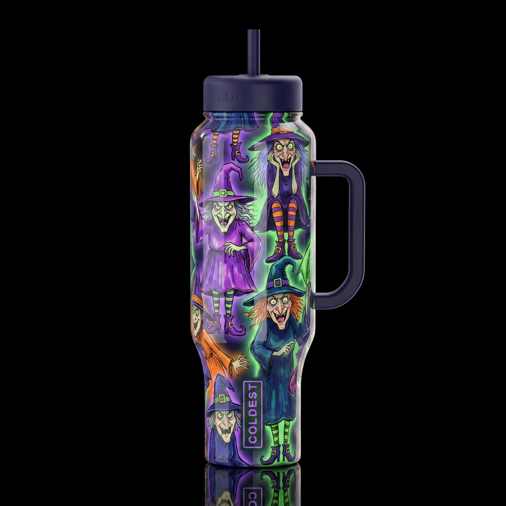 Sketched like scary witches, glossy, trompe-l'œil,... water bottle design